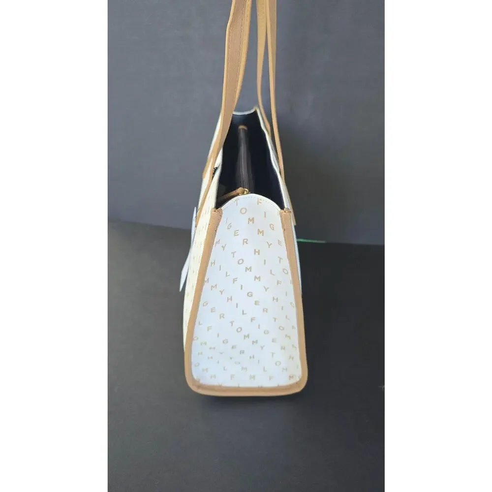 Tommy Hilfiger Tote Bag Womens Large White Logo Monogram Stripe Shoulder Purse